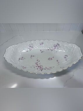 Antique Porcelain Oval Serving Platter Violets Scalloped Embossed Edge 16 x 9